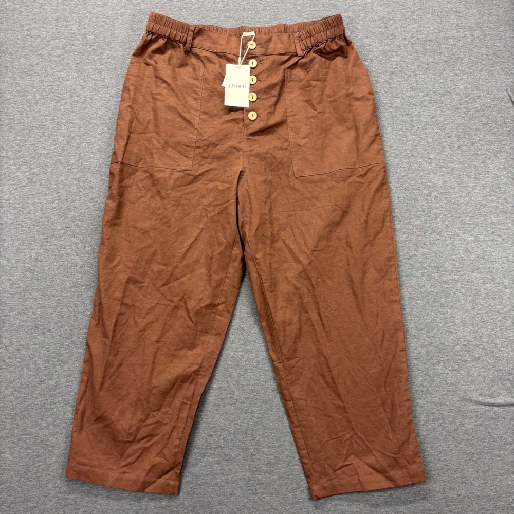 Lintico Pants Womens XXL Button Front Elastic Waist Linen Blend Brown NEW